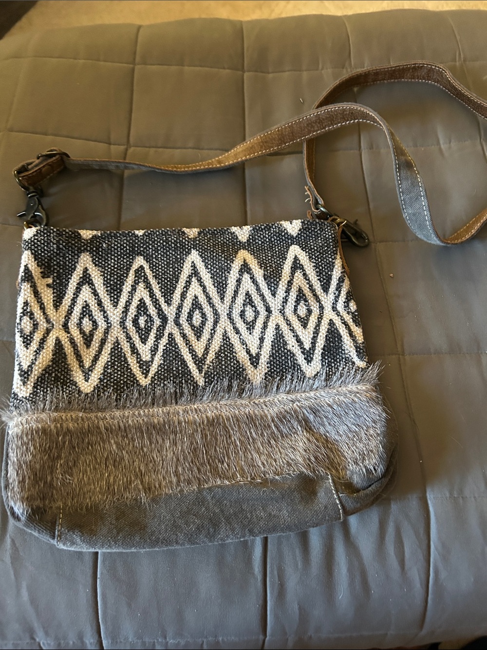 Myra Bag Black & Cream Diamond Pattern Crossbody Bag with Faux Fur Trim